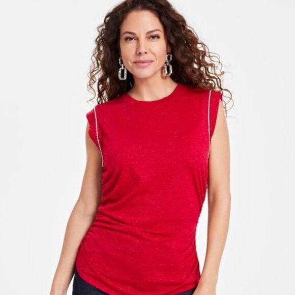 NWT I.N.C. International Concepts Women's Ruched-Side Embelished  Shimmery Tee - Picture 3 of 14